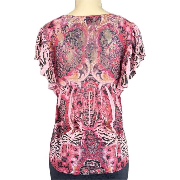 Unity World Wear L Pink Artsy Print Tie Neck Stud Detail Flutter Sleeve Blouse - Picture 4 of 6